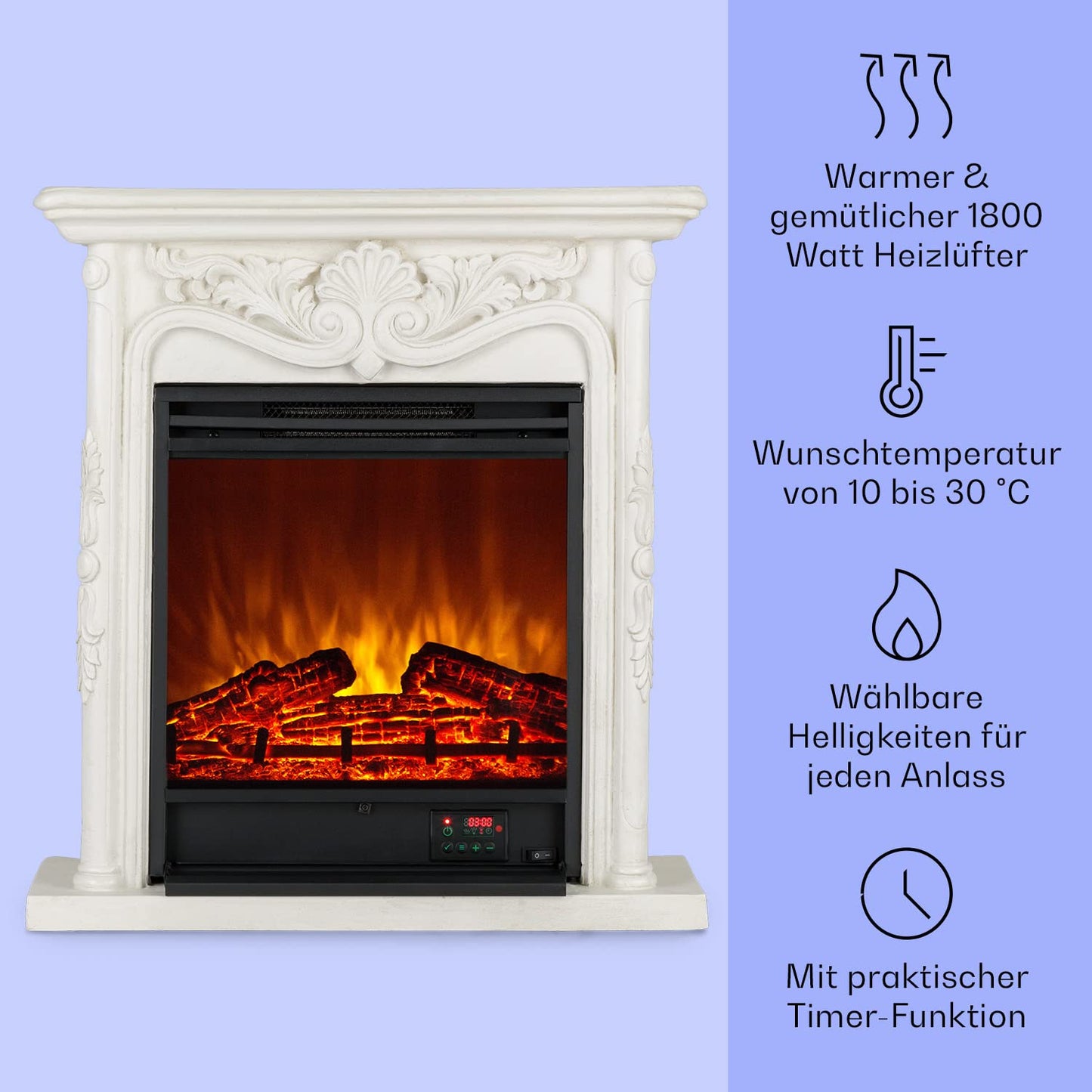 Klarstein Elektrokamin, Elektro Heizungen für Wohnzimmer & Innenräume, Elektrischer mit LED Flammen, mit Fernbedienung, Elekroofen-Kamin, Automatische Temperaturregelung, Heizung 1800 W