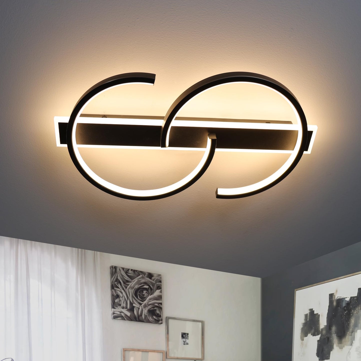 LUOLONG LED Deckenleuchte Dimmbar Deckenlampe Schwarz Wohnzimmerlampe 35W mit Fernbedienung 2-Ringen kreis Deckenleuchte Schlafzimmerlampe Arbeitzimmer Büro Modern Led deckenbeleuchtung-40cm Schwarz