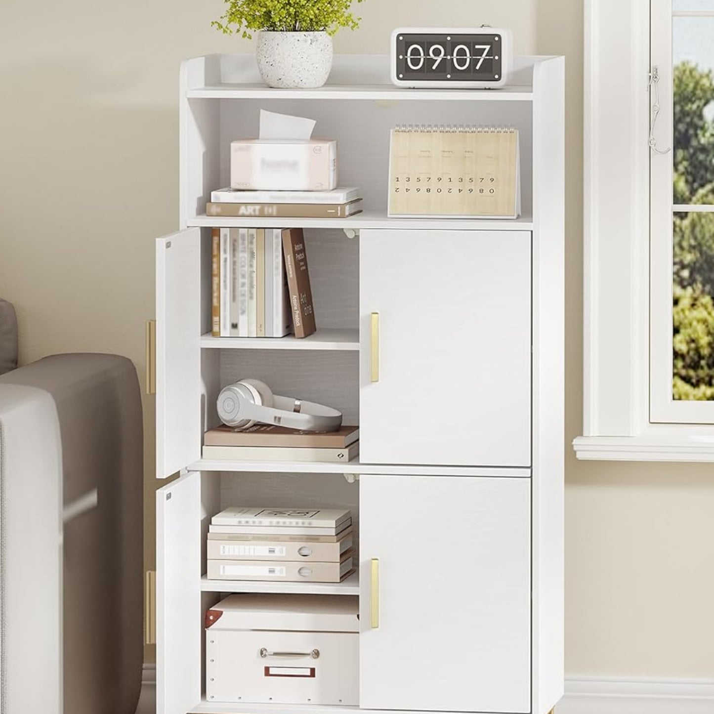 Hzuaneri SC45613G Bathroom Cabinet, Kitchen Cabinet, Storage Cabinet, 4 Doors and 1 Open Area, Adjustable Shelf, Bathroom, Living Room, Study, 30 x 60 x 120 cm, White