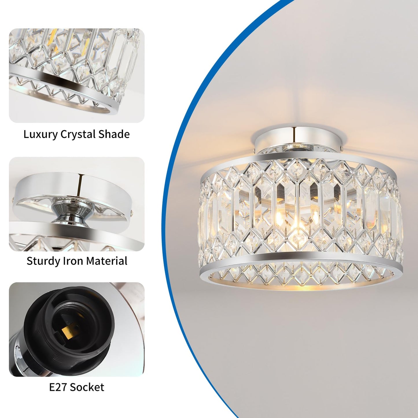 ANWIO Ceiling Light Living Room, Modern Crystal Ceiling Light Black Living Room, E27 Crystal Chandelier Bedroom with Glass Lampshade for Dining Room, Kitchen, Hallway, Office, Diameter 27 cm