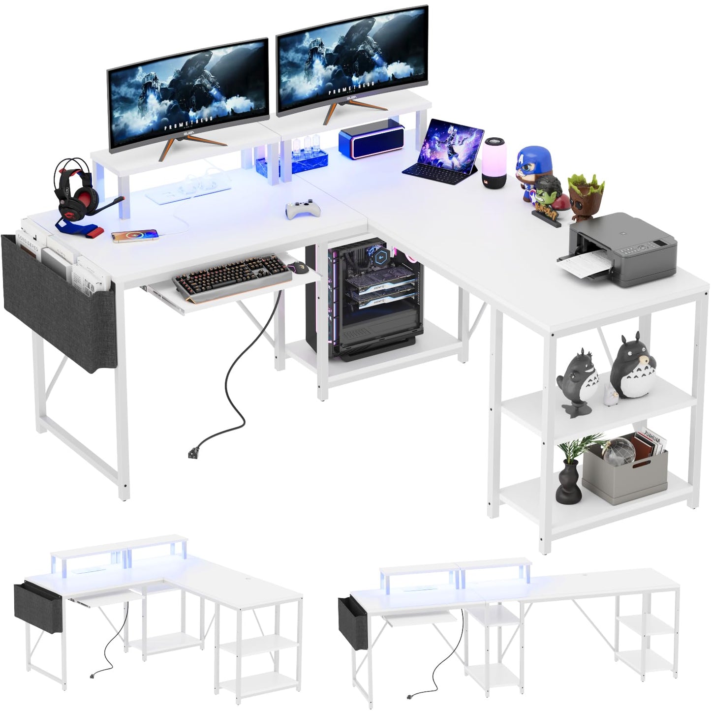 Flamaker Gaming Tisch l Form 140x140 cm - Eckschreibtisch mit RGB LED, Monitorständer & Ablagefach | 2 Steckdosen + 2 USB-Anschlüsse (Weiß)