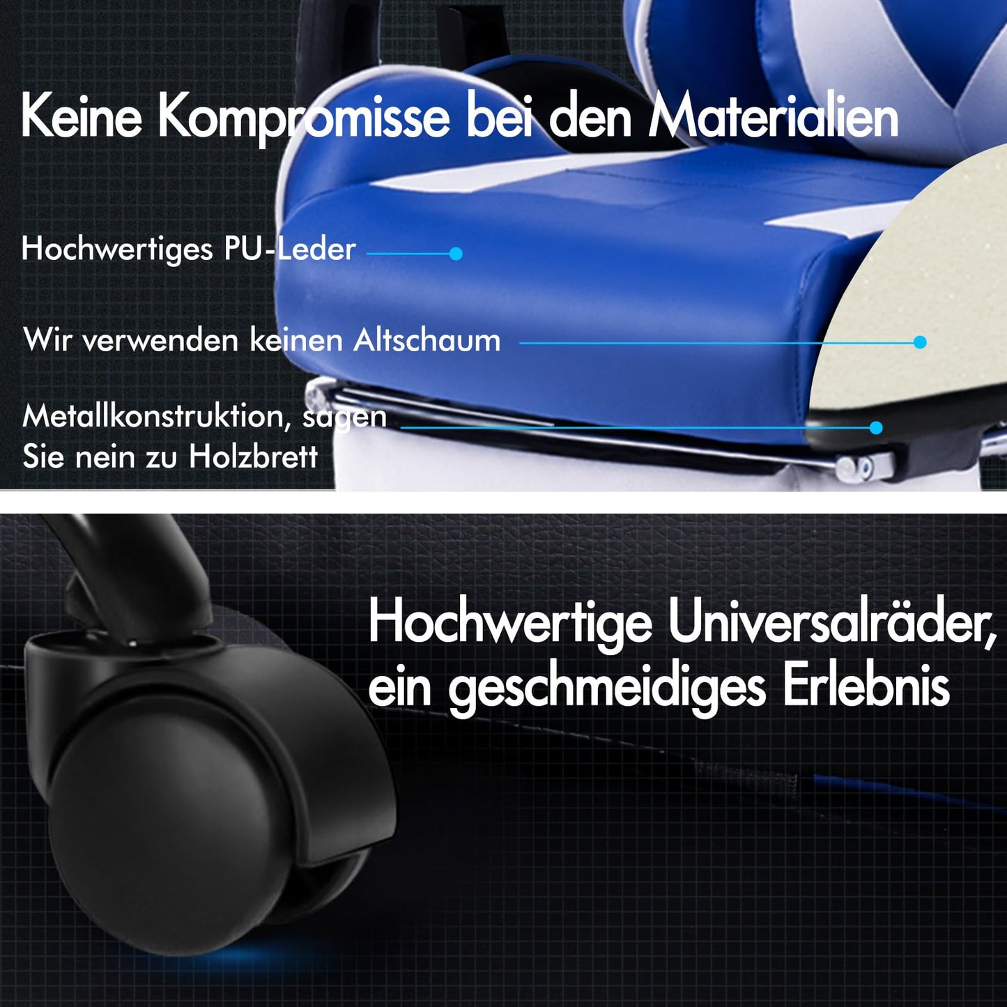 ALFORDSON Videospielstuhl, ergonomischer Bürostuhl, Massage-Rennstuhl, einziehbare Fußstütze, PU-Leder, höhenverstellbar und neigbar, 180 kg Tragkraft, Schwarz