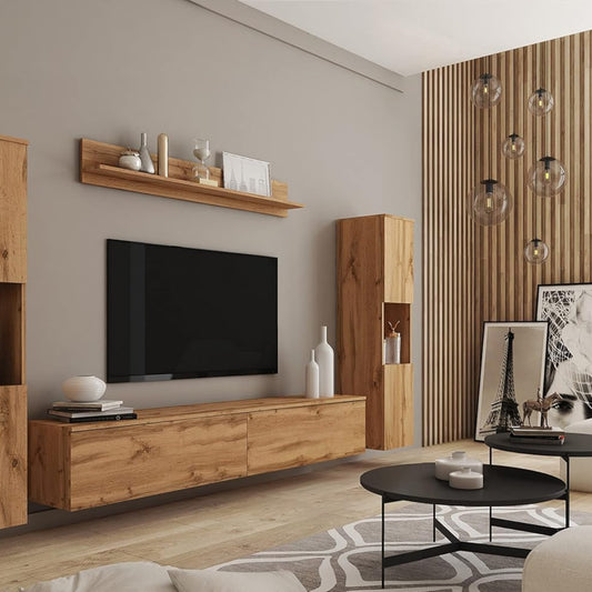 MINIO go for it - Parma XL Wall Unit, 4-Piece Set, with LED Lighting, Hanging or Standing, 2 x Highboard, Lowboard, Wall Board, Laminated Chipboard, Colour: Wotan Oak