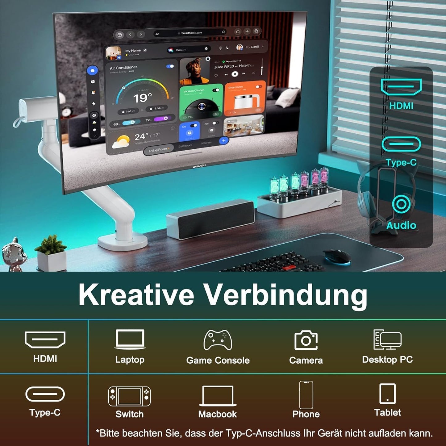 Minifire 24 Zoll Monitor, 100Hz, Full HD(1980x1080p),5ms(OD), Adaptive-Sync, sRGB110%, Eye-Care,VESA, PC Bildschirm mit HDMI USB-C Ports - MF24X3AL
