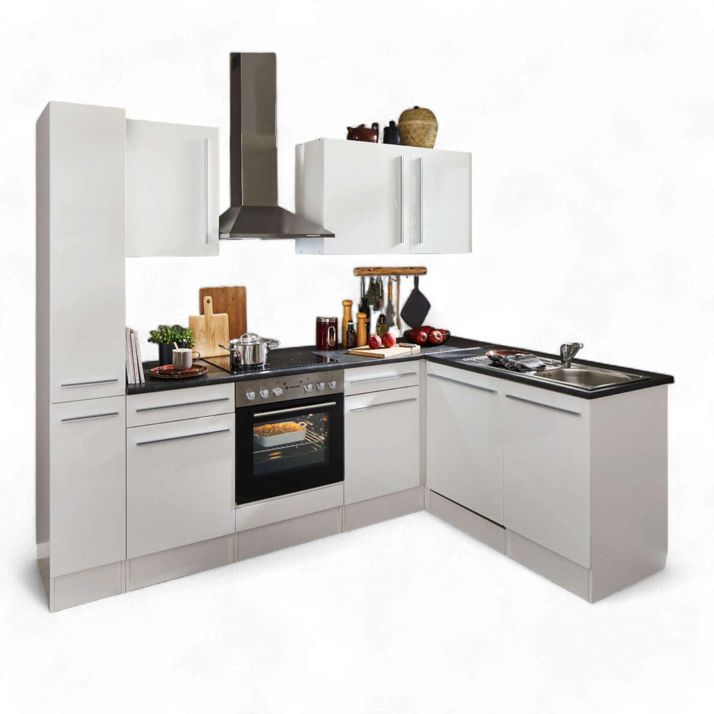 Jazz 8 Modern Corner Kitchen without Electrical Appliances in White High Gloss, Metallic Grey - Spacious Kitchen Unit in L-Shaped with Lots of Storage Space - 220 x 211 x 60 cm (W x H x D)