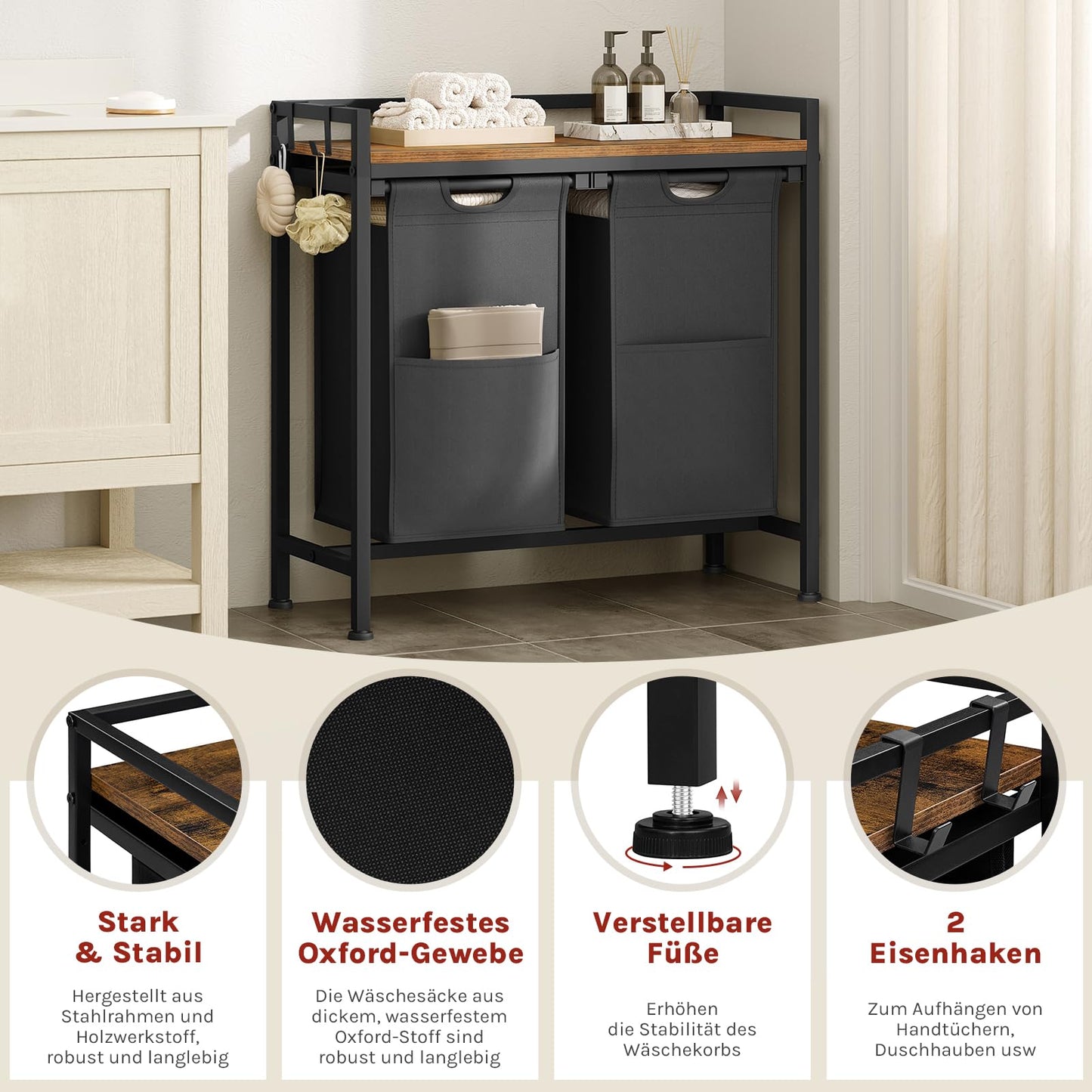 WOLTU Laundry Basket, 3 Compartments, Each 40 L, Laundry Hamper with Shelf Metal Frame, Oxford Fabric Laundry Bag, Extendable, Removable, Laundry Sorter, Laundry Container, White