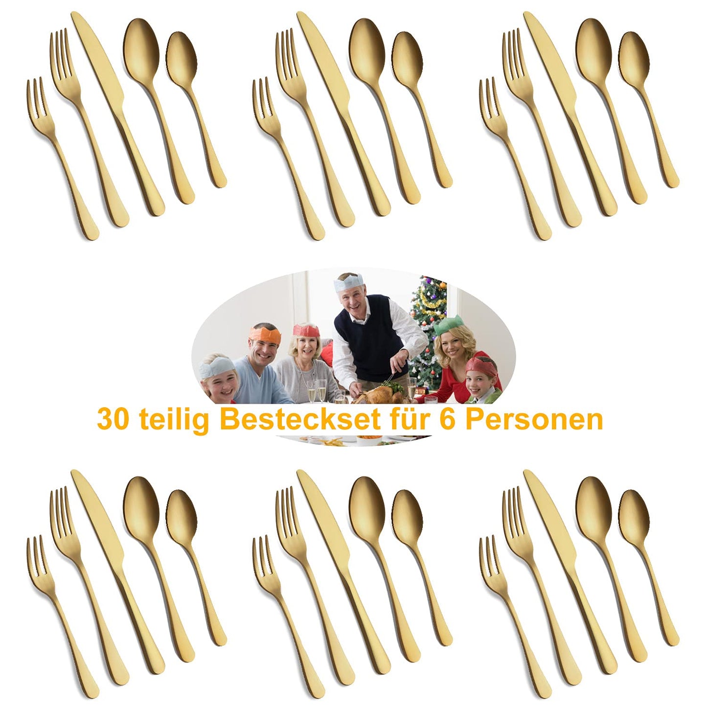 BEWOS Besteckset für 6 Personen, 30-teiliges Besteckset aus Edelstahl, Besteckset aus Silber, inklusive Messer, Gabeln und Löffel, hochglanzpoliert und spülmaschinenfest