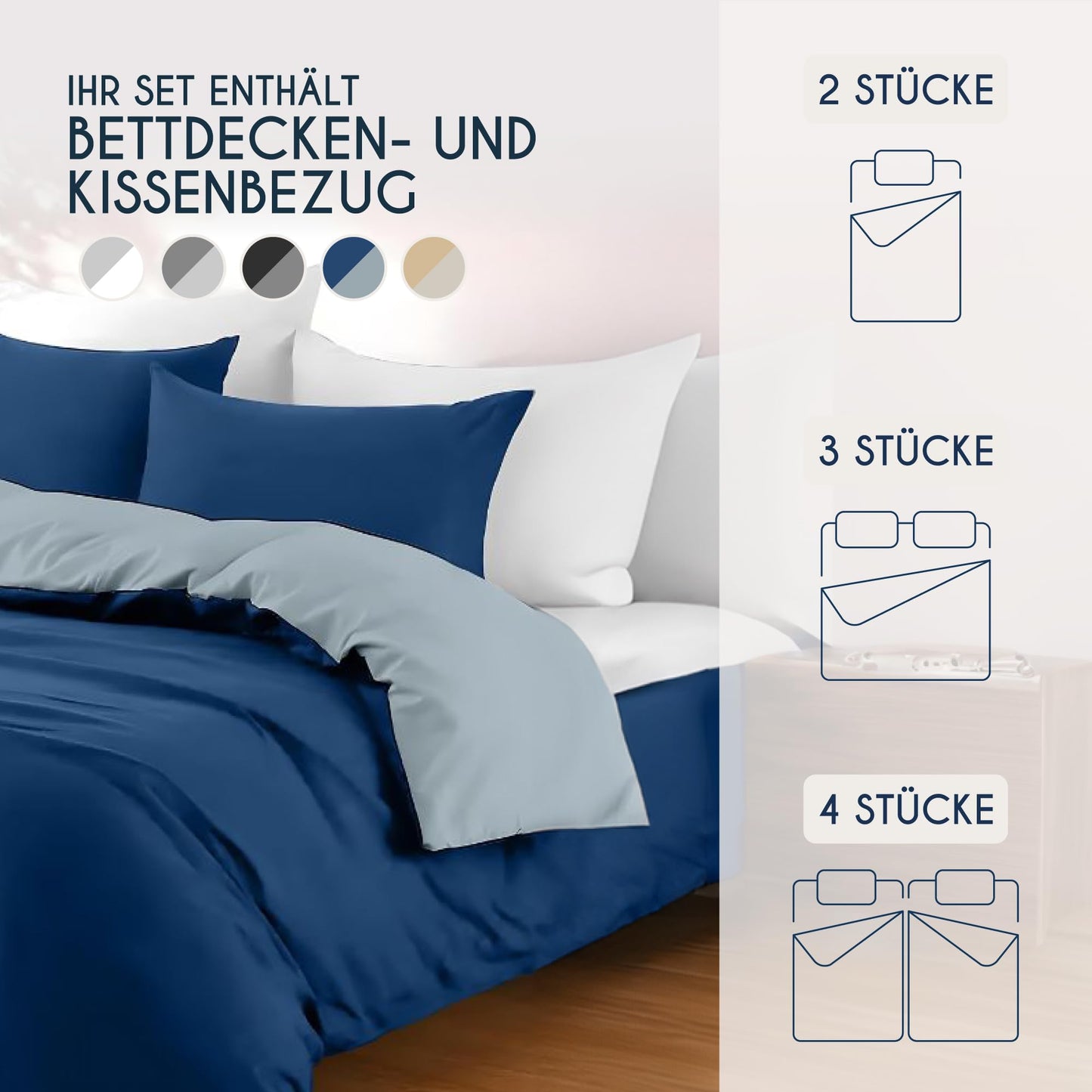 Dreamzie - Bed Linen Set 200 x 200 cm with 2 Pillowcases 80 x 80 cm Light Grey/White - 1 Duvet Cover 200 x 200 cm Made of 100% Microfibre - Certified No Chemicals (Oeko Tex)