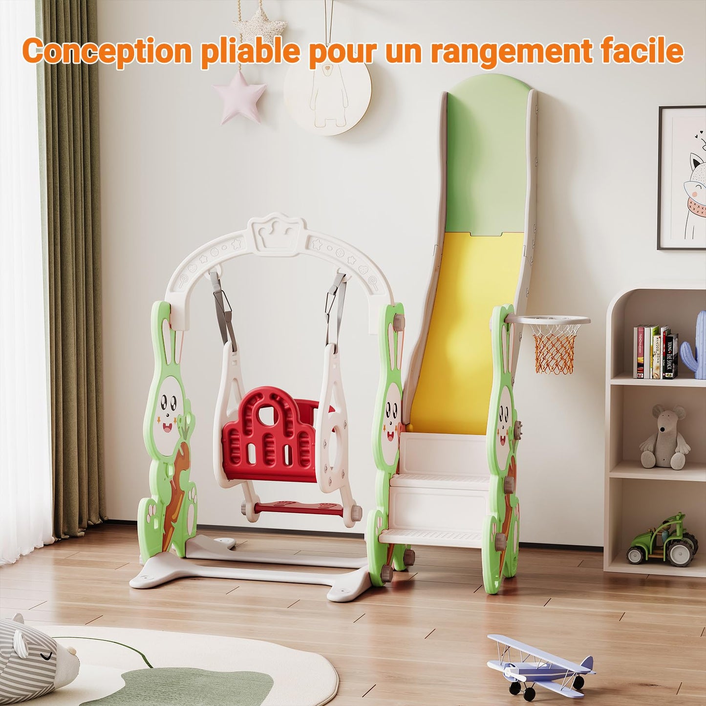 DADEA 6 in 1 Kinderrutsche mit Korb, Rutsche und Schaukel für Kinder im Freien Grün, 150 × 150 × 115 cm, Babyschaukel und Rutsche für Kinder zu Hause Schaukel Kinderrutsche, Grün
