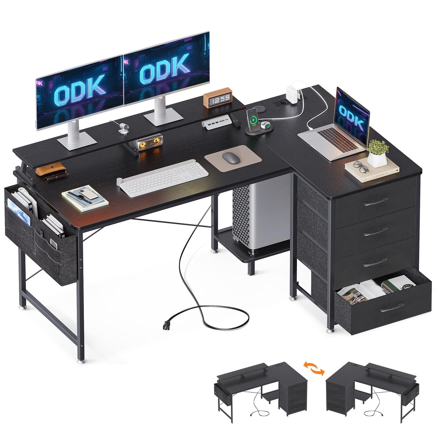ODK Corner Desk with 4 Fabric Drawers, 140 x 80 cm, Desk L Shape Reversible with USB Charging Port and Socket, L Shaped Desk with Monitor Shelf for Home Office, White