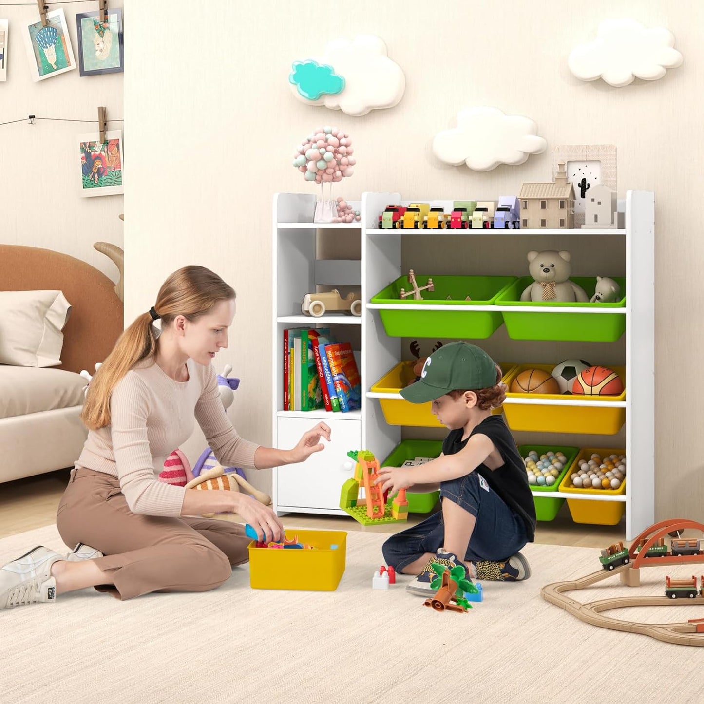 COSTWAY 4-stöckiges Kinderregal, Spielzeugregal mit 8 Aufbewahrungsboxen, 2 offenen Regalen & Schrank, Spielzeug-Organizer Bücherregal für Spielzimmer, Kindergarten, Kinderzimmer, 120 kg belastbar