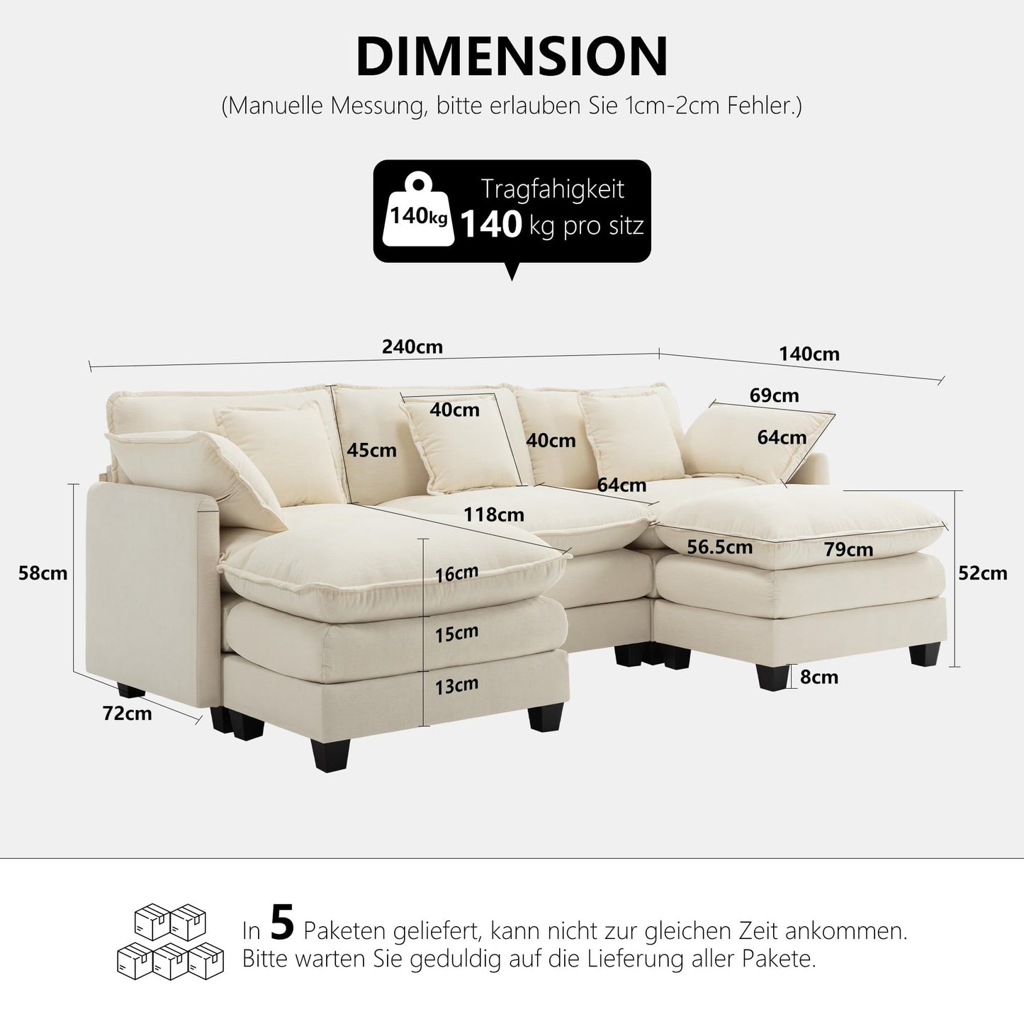 Urhanherry U-Shape Cloud Sofa, Modular Sectional Sofa, 6-Seater with 2 Ottomans, Modern Sofa with Decorative Cushions/Armrests, Breathable Chenille Fabric, U Sofa Couch for Living Room, Beige