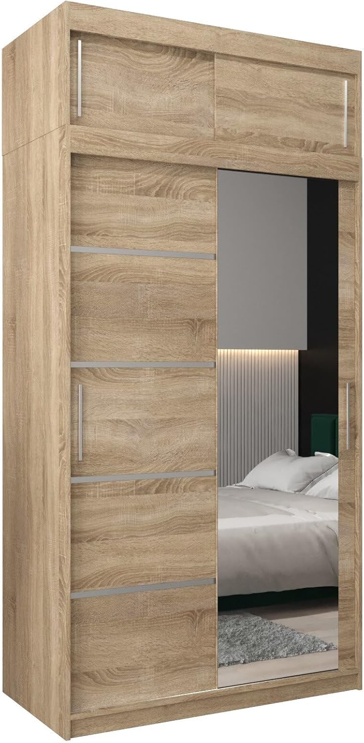 MEBLE KRYSPOL Kleiderschrank mit Spiegel Verona 2 - Garderobenschrank - Schrank Schlafzimmer - Mehrzweckschrank DREI Schiebetüren - Regalen - Flur Möbel - Kleiderstange Schrank - Allzweckschrank