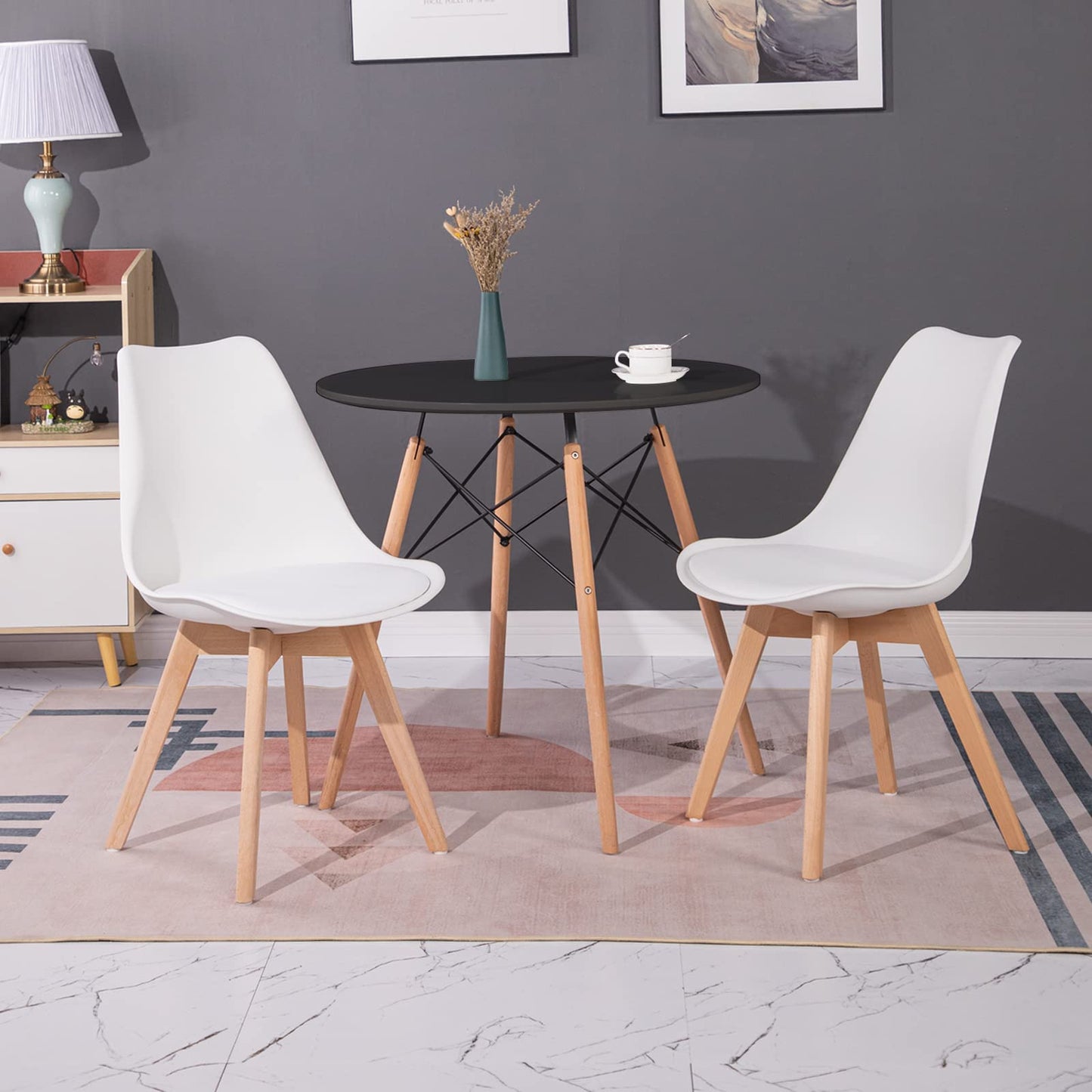 FURNITABLE Round Dining Room Table with 4 White Chairs Dining Room Set for Dining Room Kitchen Living Room