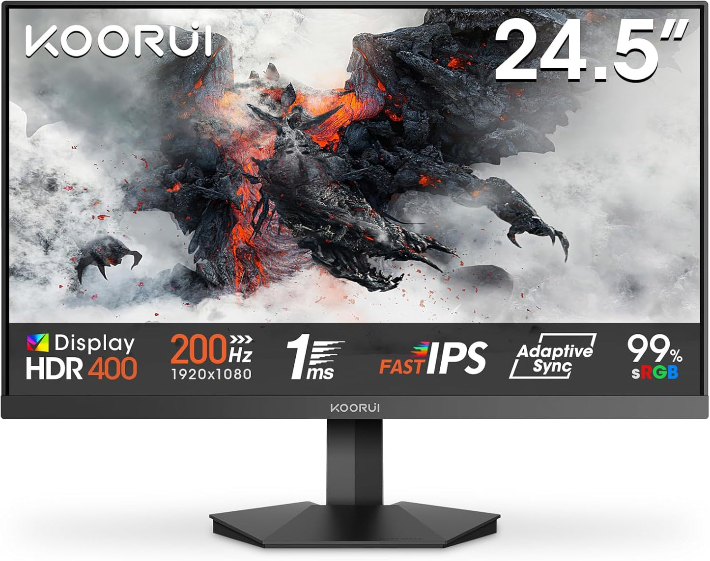 KOORUI Gaming Monitor 24 Inches, 200Hz PC Screen FHD 1920 x 1080 Fast IPS HDR400, Adaptive Sync 1ms, HDMI 2.0 & DP 1.4, VESA 75 x 75 mm-G2411P