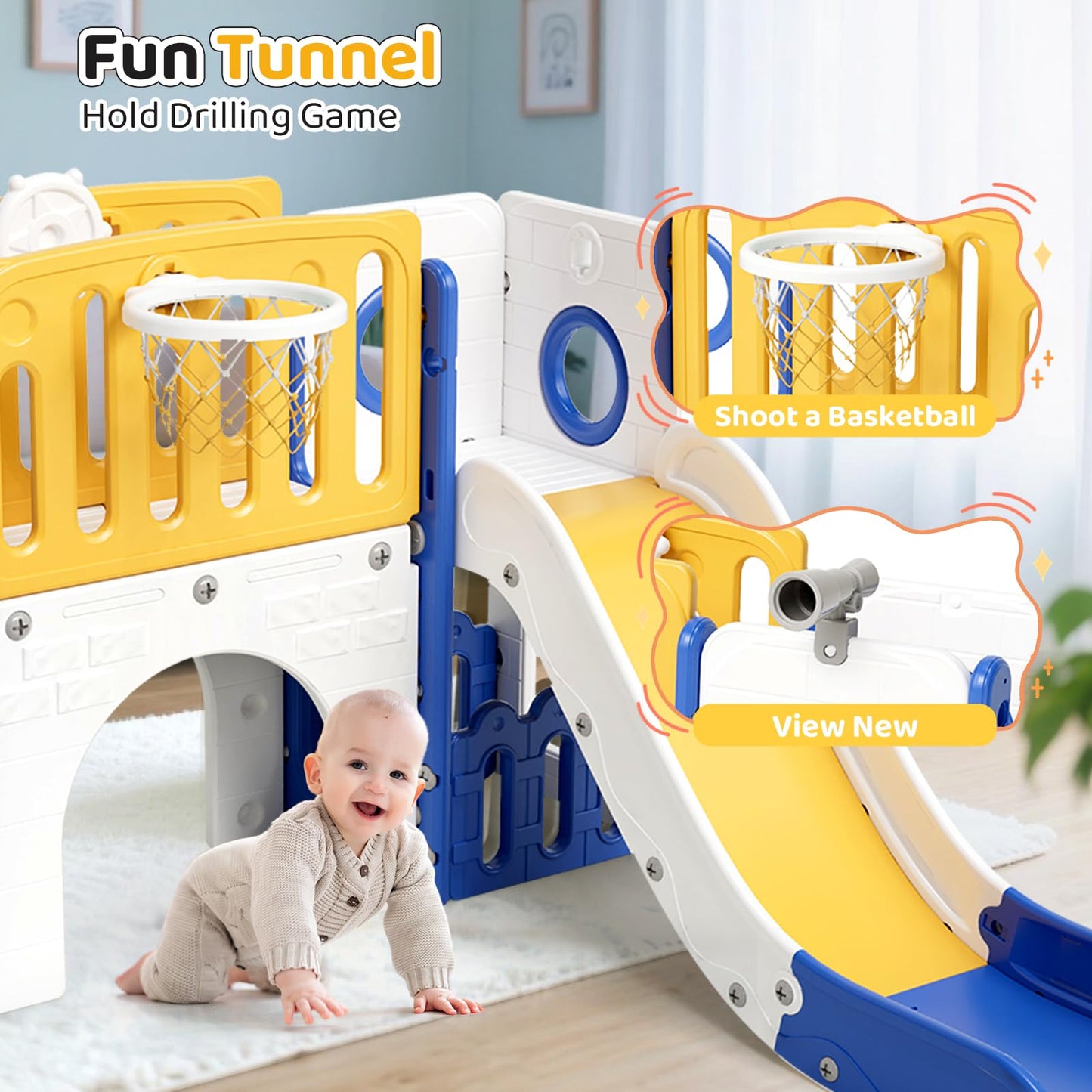MAMIZO 9 in 1 Kinderrutsche, Kinder Rutsche mit Klettergerüst, Indoor & Outdoor Rutsche mit Basketballkorb und Teleskop, Tunnel, Stauraum, Gartenrutsche,Kinder Spielplatz, mit 2PCS Moduls, Gelb Blau