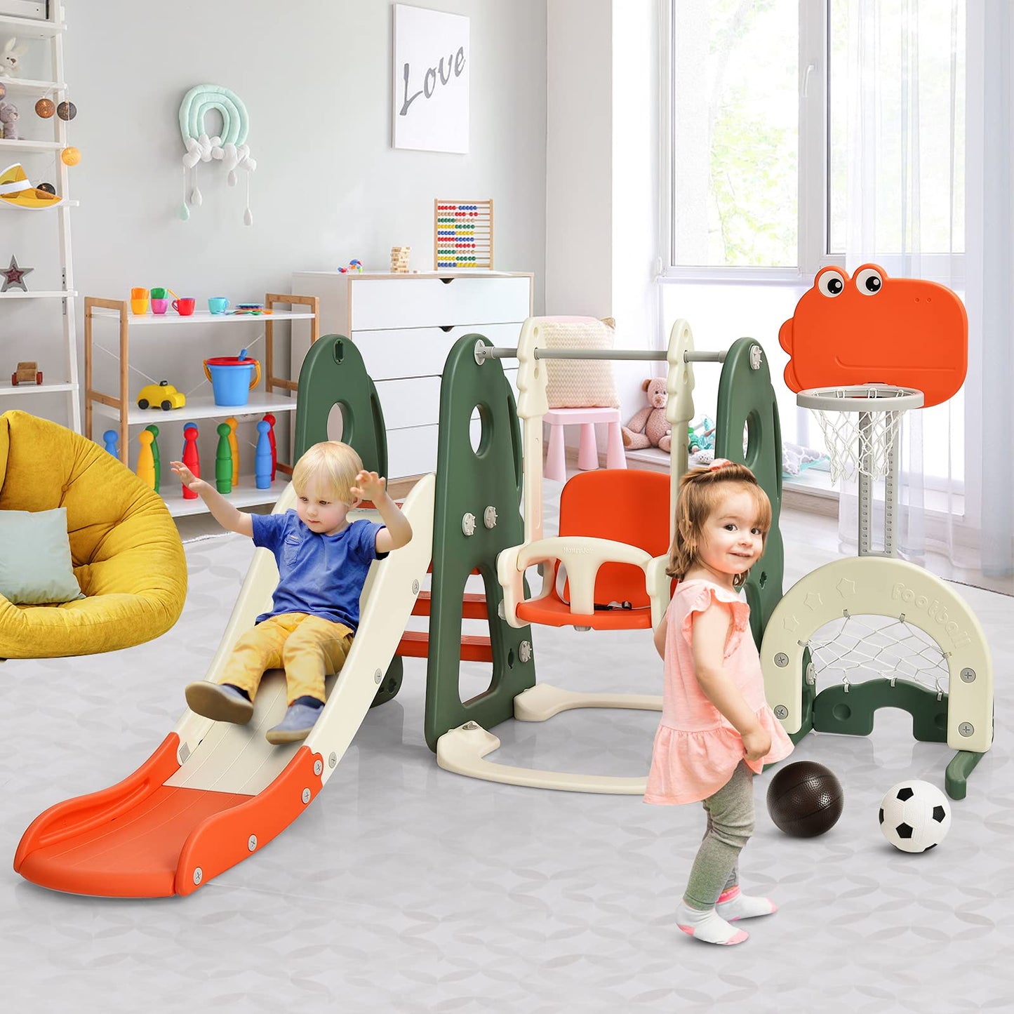 HOMASIS 6-in-1 Kinderrutsche mit Schaukel, Freistehende Rutsche & Schaukel & Basketballkorb & Kletterleiter & Fußballtor & Golfloch, Kinder Spielplatz für ab 3 Jahre Indoor & Outdoor (Orange+Grün)
