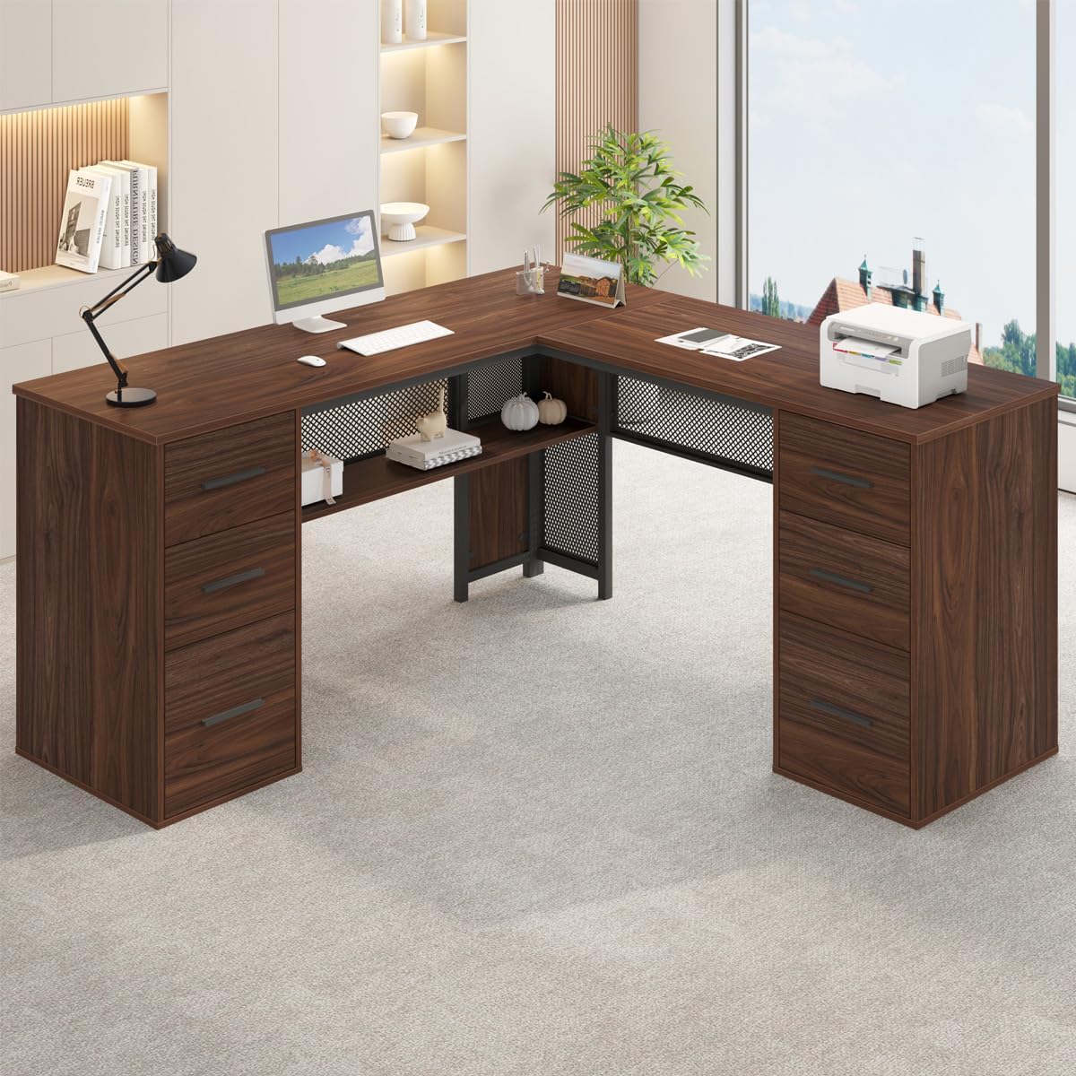 HSH - Black L Shape Corner Desk with Filing Drawers and Shelves, Reversible Corner Desk Made of Metal and Wood with Storage Cabinets