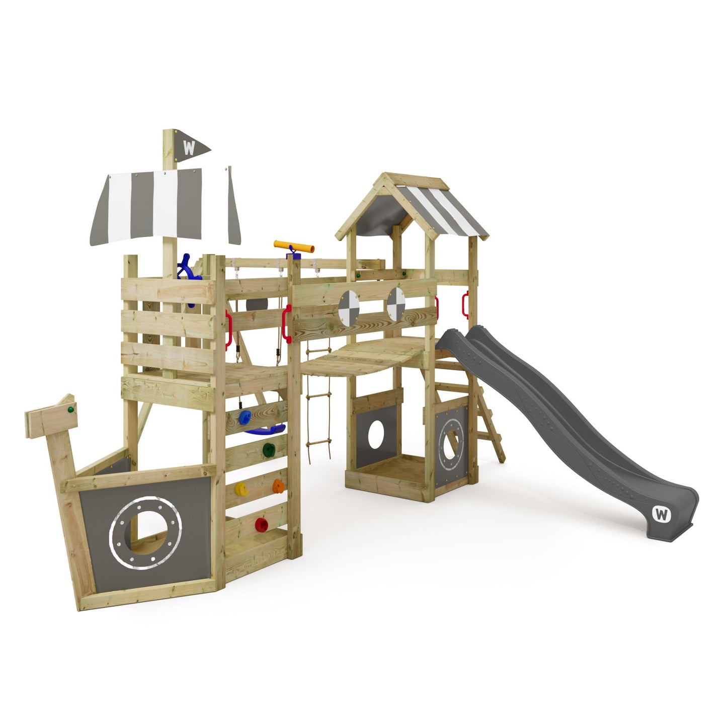 WICKEY Spielturm Klettergerüst StormFlyer mit Schaukel & roter Rutsche, Outdoor Kinder Kletterturm mit Sandkasten, Leiter & Spiel-Zubehör für den Garten