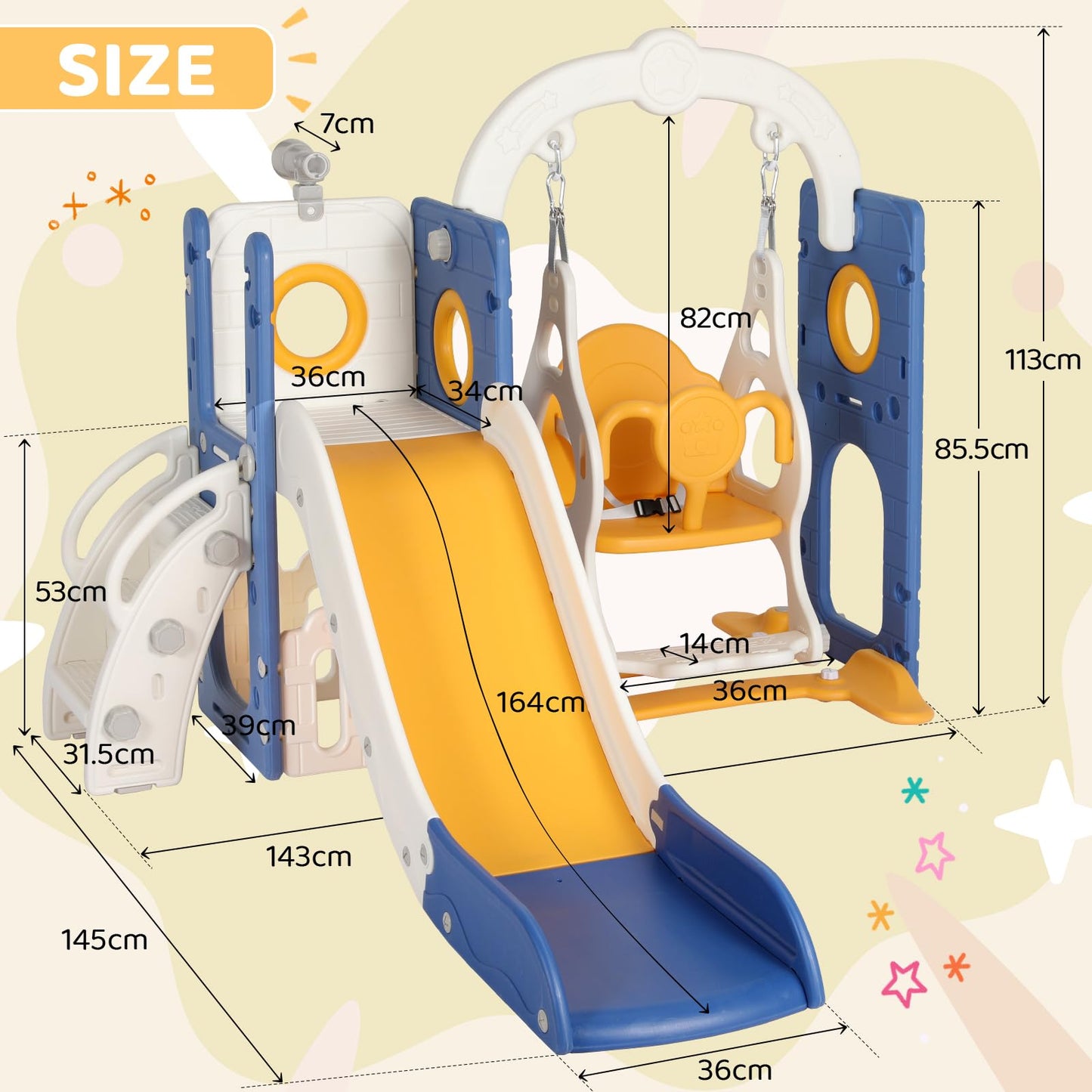 Swing Slide, 5-in-1 Children's Slide with Swing, Climbing Frame, Telescope, Storage, Indoor and Outdoor Freestanding Slide, Playground for Toddlers, for Max 60 kg from 1-6 Years, 2 Pieces Modules