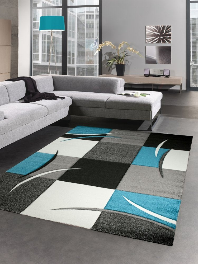 CARPETIA Modern Short Pile Living Room Rug Contour Cut Checked Abstract Grey Black White Turquoise Size 60 x 110 cm