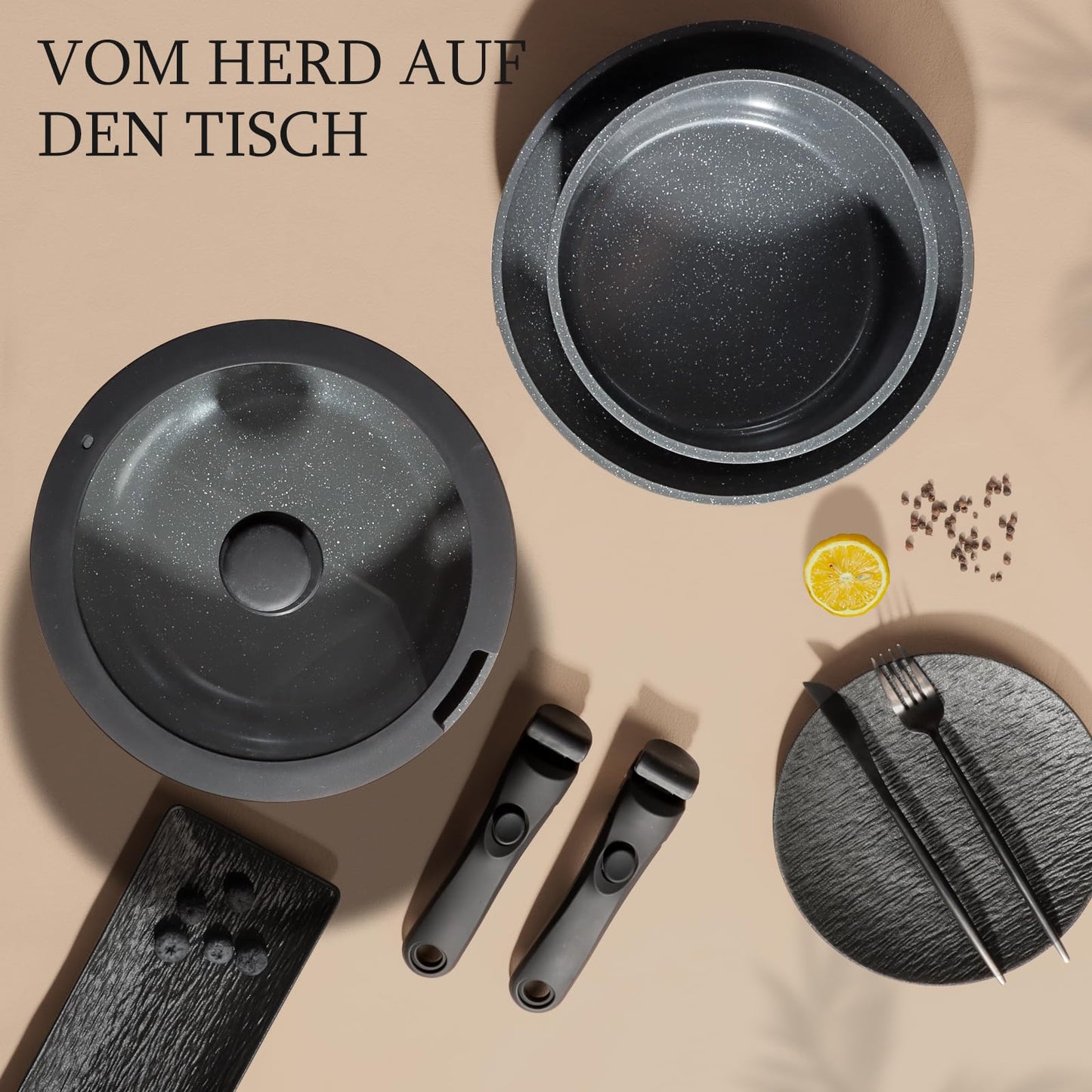 GiPP Keramik Topfset mit Abnehmbarer Griff, 5-Teilig Topf und Pfannenset mit Antihaft Beschichtet, Topfset Induktion Kochtopf Set, Backofenfest, für Alle Herdarten, PTFE/PFOA-frei, Schwarz