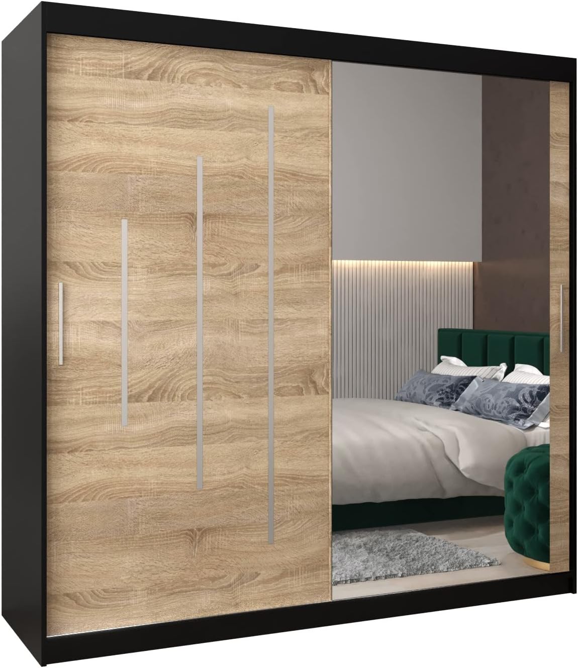 MEBLE KRYSPOL Kleiderschrank mit Spiegel York 2 - Garderobenschrank - Schrank Schlafzimmer - Mehrzweckschrank Zwei Schiebetüren - Regalen - Flur Möbel - Kleiderstange Schrank - Allzweckschrank