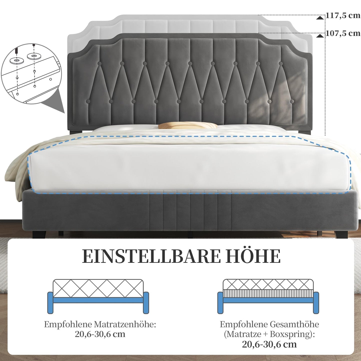 Yaheetech Upholstered Double Bed 140 x 200 cm Fabric Bed Youth Bed Padded Bed with Height-Adjustable Headboard Bed Frame with Slatted Frame, Dark Grey
