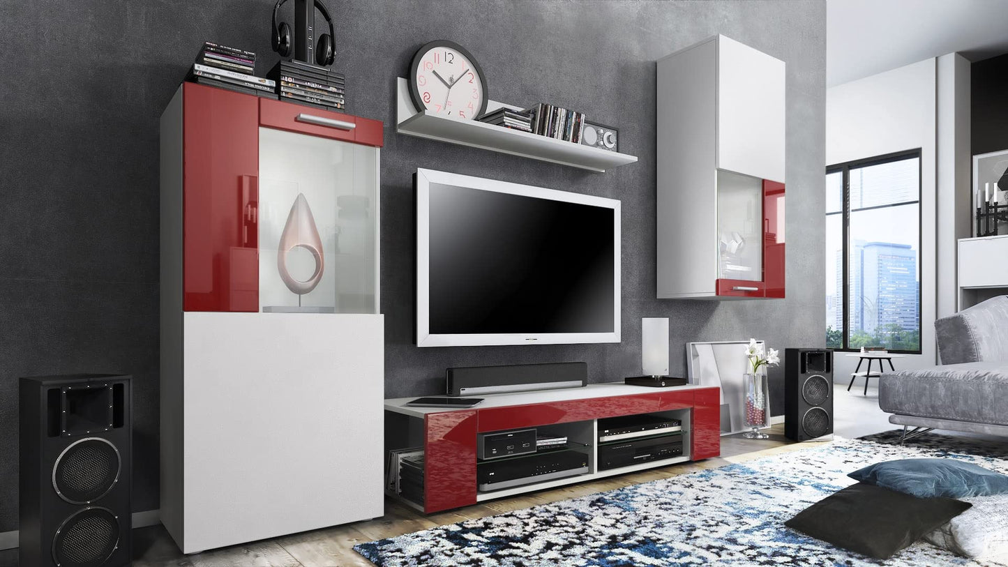 Vladon Wohnwand Movie, Anbauwand bestehend aus 1 TV-Board, 2 Vitrinen und 1 Regal, Weiß matt/Weiß matt/Weiß Hochglanz (Gesamt: 300 x 190 x 39 cm)