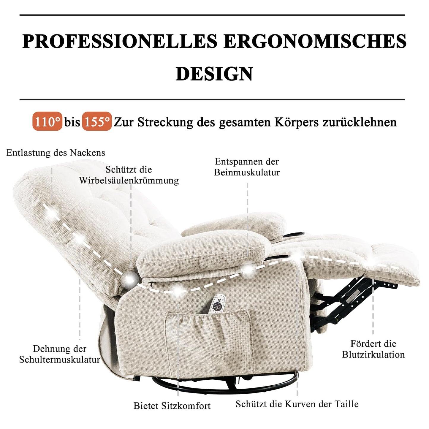Bosmiller Relaxsessel mit Liegefunktion Massagesessel Oversize Fernsehsessel 360°Drehbarer Liegesessel Heizung Verstellbar Sessel Stoff