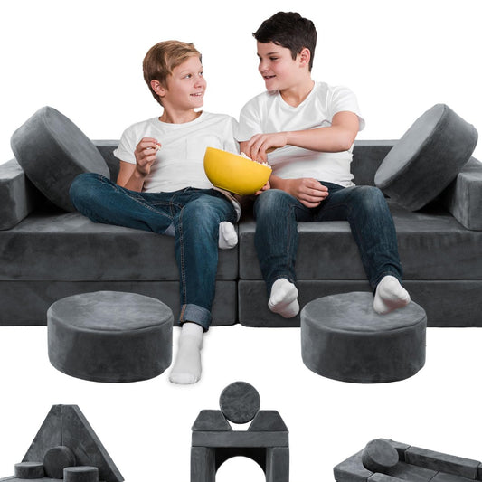 HOMFINE 16pcs Modular Kids Play Couch, Kids Toddler Couch, Child Sectional Sofa, Versatile Kid Sofa for Playroom Bedroom, Convertible Foam and Floor Cushion for Boys and Girls, Grey