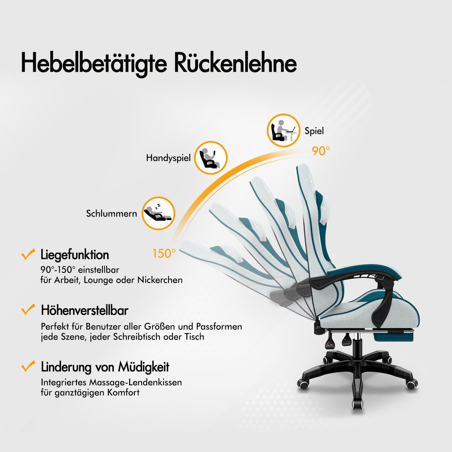 ALFORDSON Gaming-Stuhl mit Massage-Lendenwirbelkissen, ergonomischer Gamer-Racer-Stuhl mit Verstellbarer Rückenlehne, Drehstuhl mit Fußstütze, höhenverstellbar, Schwarz