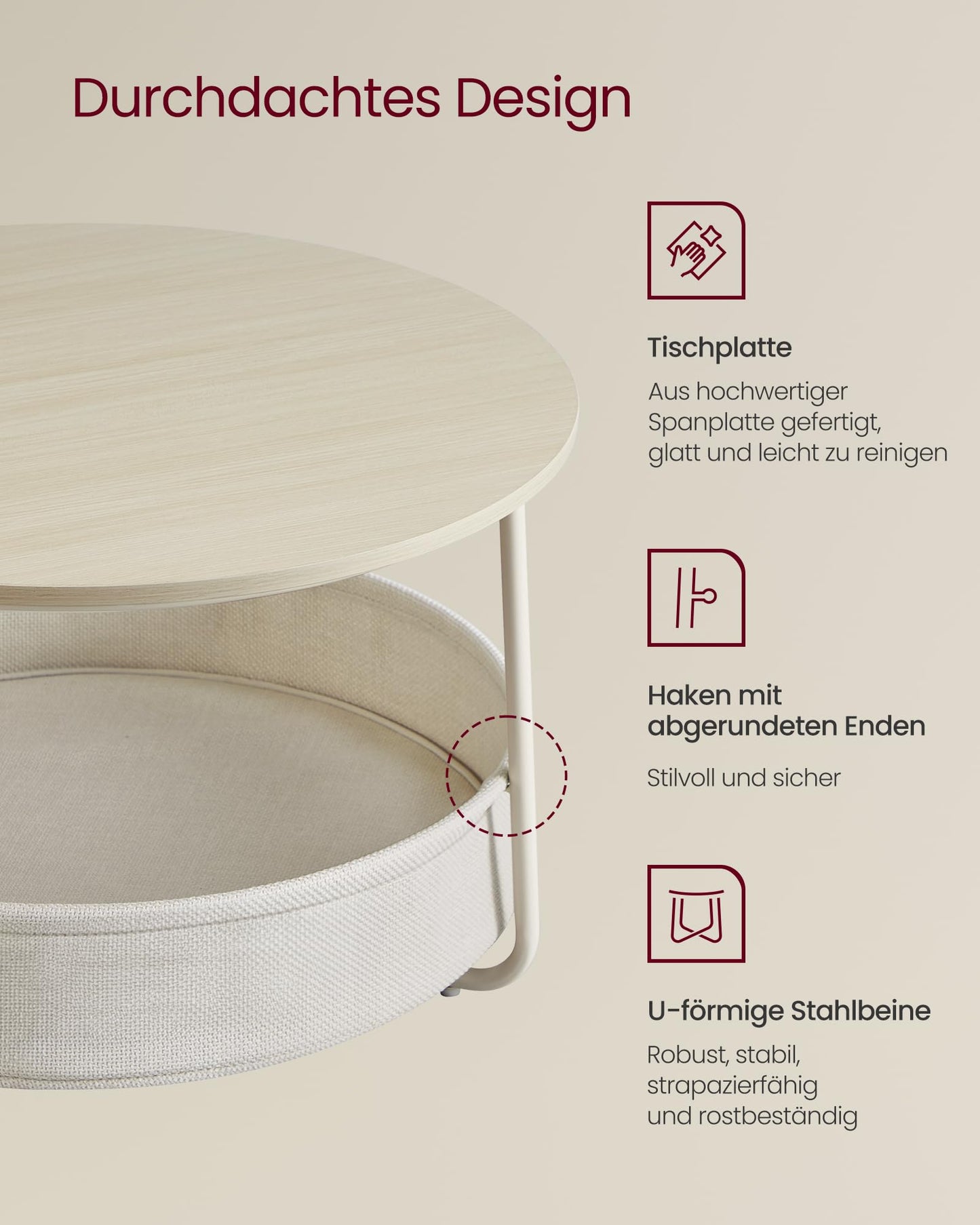 VASAGLE LCT244W10 Round Coffee Table with Storage Space Side Table Living Room Table with Fabric Basket Modern Metal Frame Matt White Camel Brown