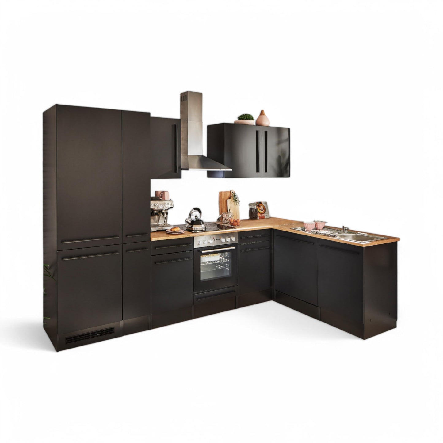 Jazz 8 Modern Corner Kitchen without Electrical Appliances in White High Gloss, Metallic Grey - Spacious Kitchen Unit in L-Shaped with Lots of Storage Space - 220 x 211 x 60 cm (W x H x D)