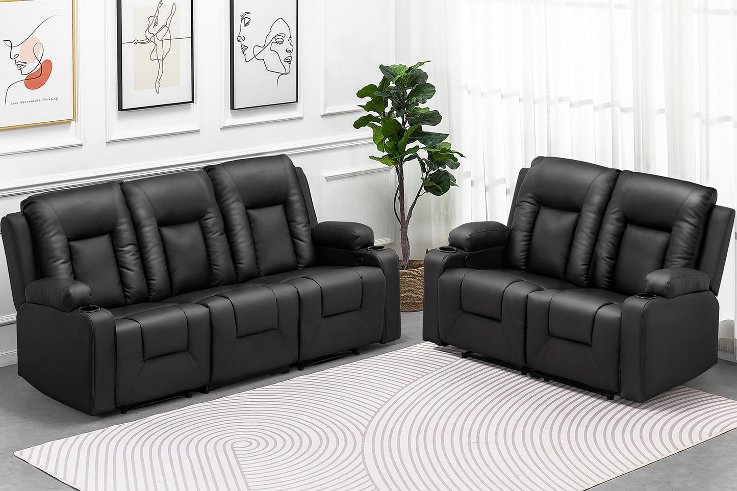 COMHOMA Relaxsessel-Set, Sofa, Sofa-Set aus Kunstleder, Fernsehsessel Ruhesessel Liegesessel mit Liege-Funktion Polstersessel Schlafsessel für Wohnzimmer Schlafzimmer Heimkino,Schwarz, 3+2+1