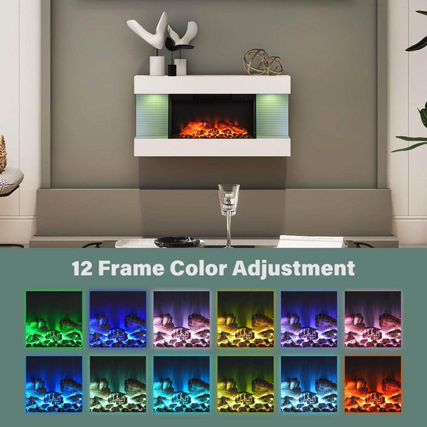 M.C.Haus Wandmontierter Elektrokamin mit 12 Flammenfarben und 3 Helligkeitsstufen | Timer-Funktion & Überhitzungsschutz | Moderner LED-Heizkamin (32in/82cm, weiß)