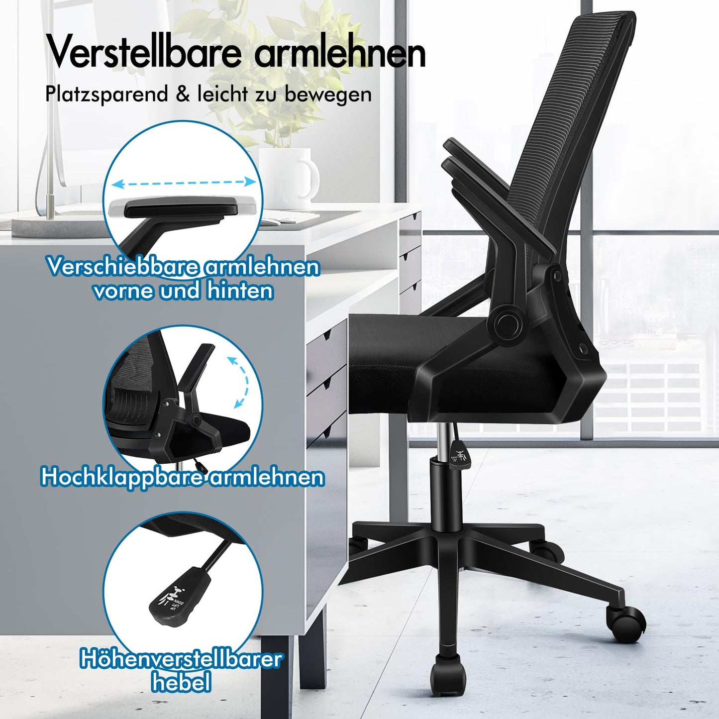 ALFORDSON Bürostuhl, Lendenstütze, Atmungsaktives Netz und Stoff, Hochklappbare/Verstellbare Armlehnen, Hochwertiger Schaumstoff, 180kg für Zuhause & Gaming, Wale, Schwarz