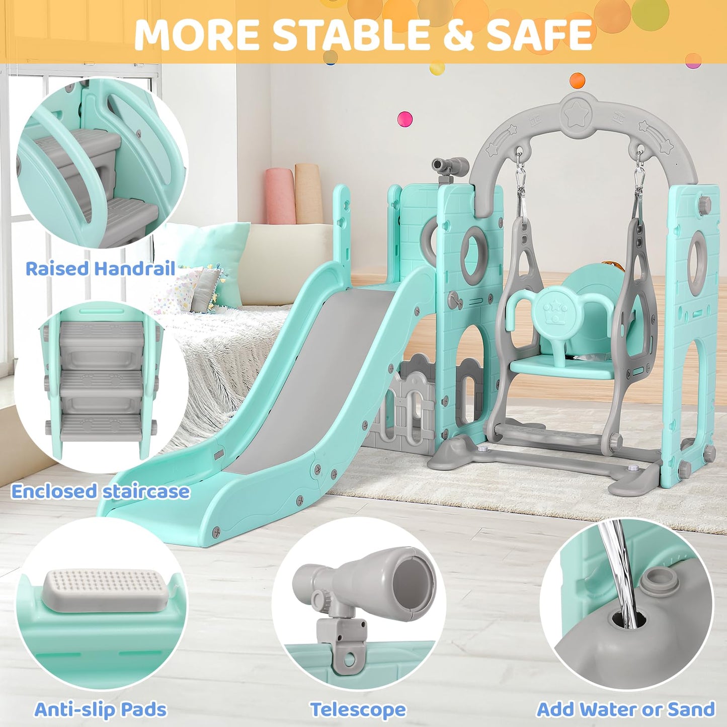 Swing Slide, 5-in-1 Children's Slide with Swing, Climbing Frame, Telescope, Storage, Indoor and Outdoor Freestanding Slide, Playground for Toddlers, for Max 60 kg from 1-6 Years, 2 Pieces Modules