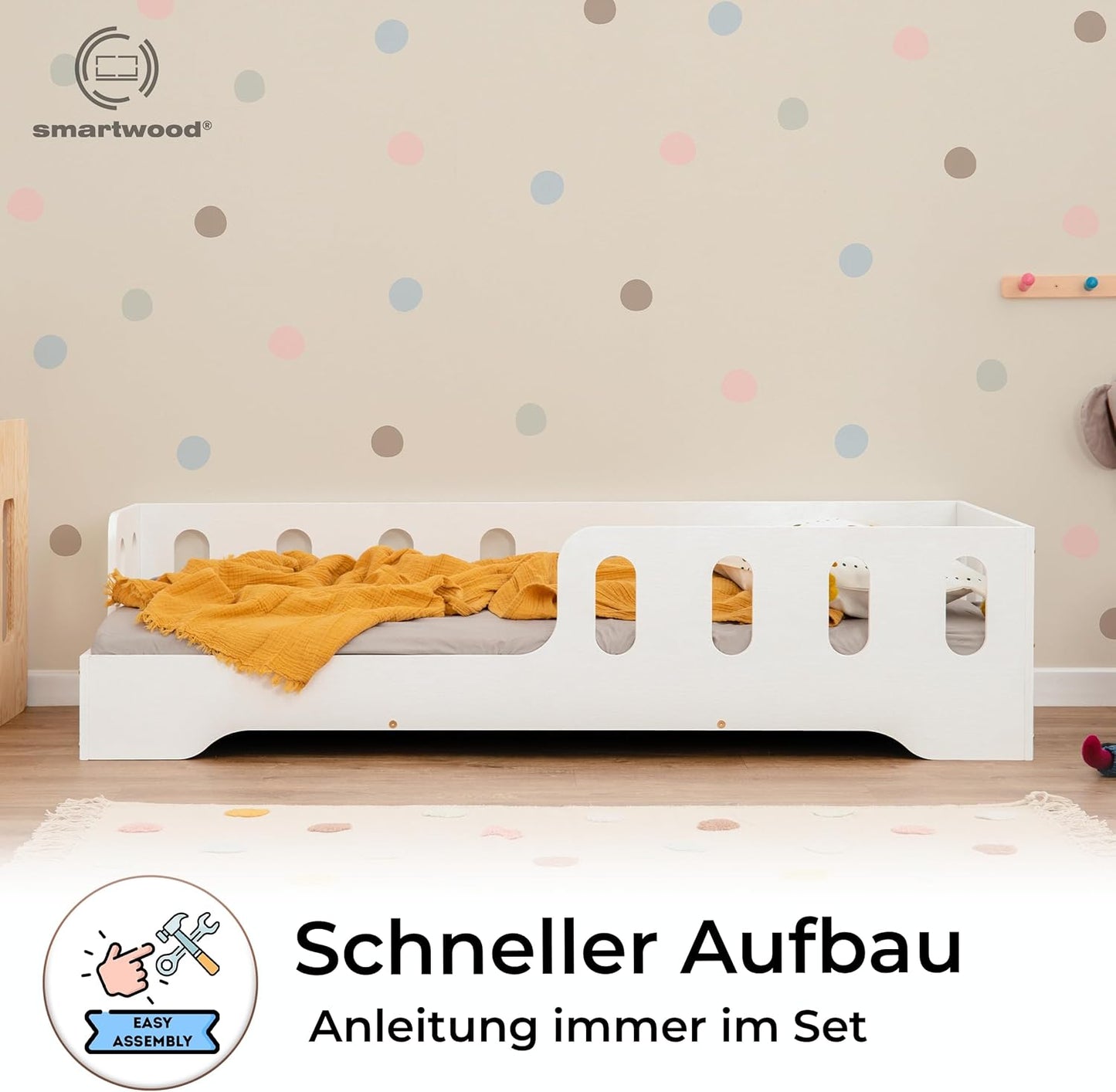 smartwood Kinderbett 80x160 Montessori Bett mit Rausfallschutz & Lattenrost - Kiefernsperrholz mit FSC-Zertifikat - für Jungen und Mädchen - Einfache Montage - TILA 1L
