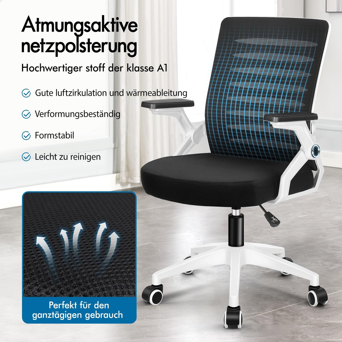 ALFORDSON Bürostuhl, Lendenstütze, Atmungsaktives Netz und Stoff, Hochklappbare/Verstellbare Armlehnen, Hochwertiger Schaumstoff, 180kg für Zuhause & Gaming, Wale, Schwarz