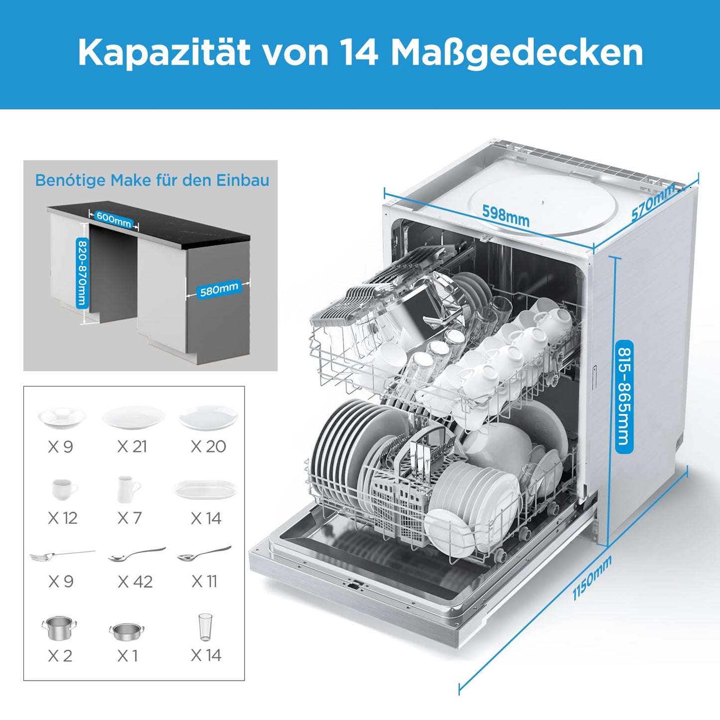 Midea MDWEU1435XSS-W Dishwasher, Integrated, 14 Place Settings, 60 cm, Partially Integrated with WiFi, Extra Drying, 7 Programmes, 47 dB, 0-24 Hours Start Time Delay, Stainless Steel