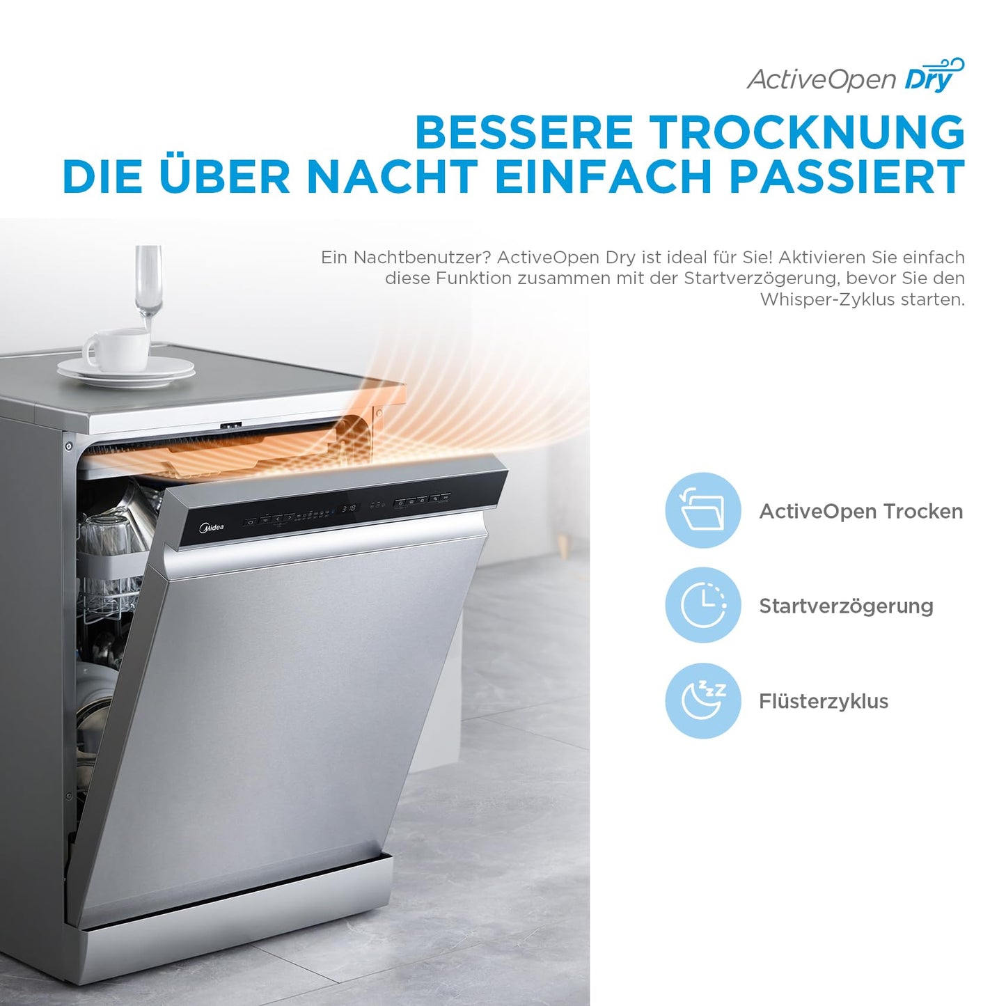 Midea MDWEU1435XSS-W Dishwasher, Integrated, 14 Place Settings, 60 cm, Partially Integrated with WiFi, Extra Drying, 7 Programmes, 47 dB, 0-24 Hours Start Time Delay, Stainless Steel