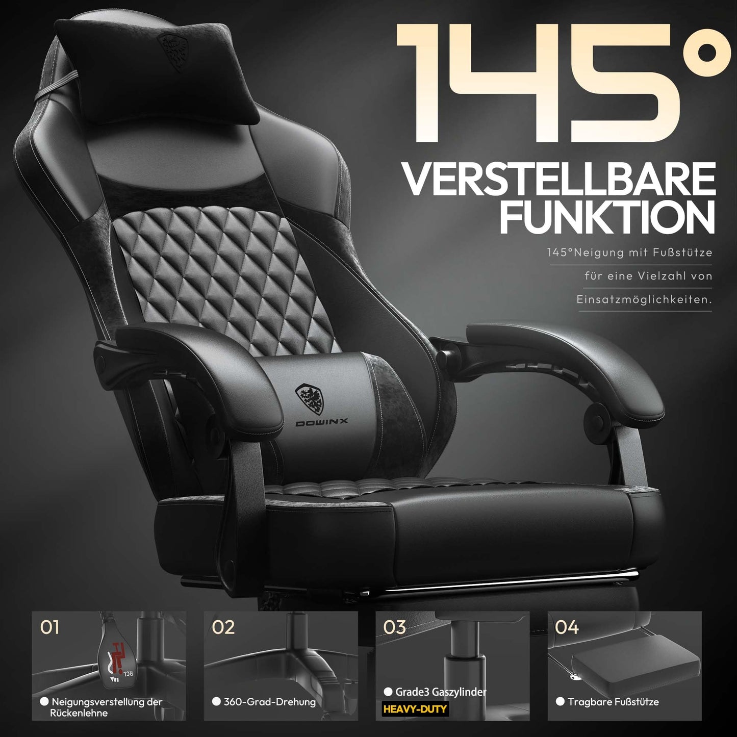 Dowinx Gaming Chair, Racing Gamer Chair, Ergonomic Gaming Chair with Lumbar Support, Gaming Chair, PU Leather, 150 kg, Black Purple