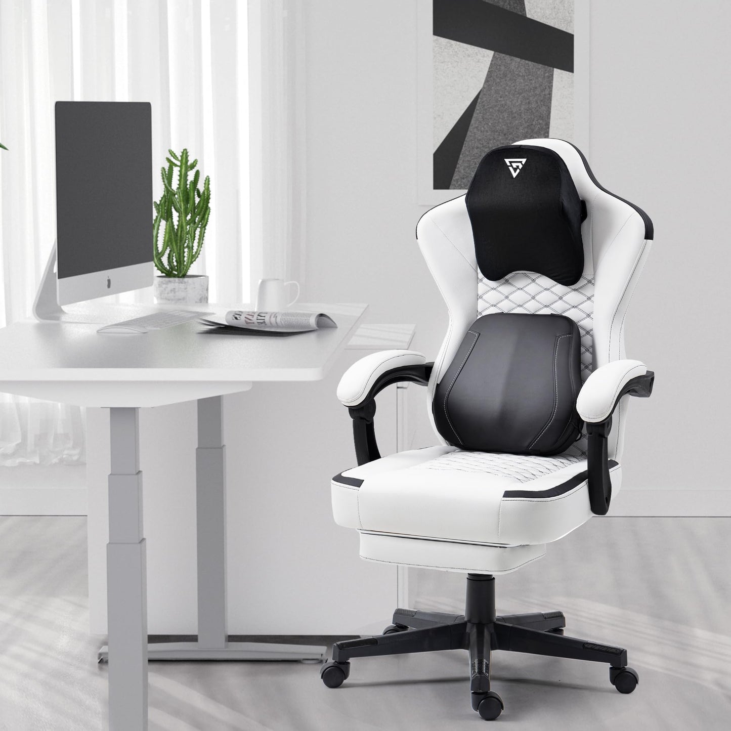 Vigosit Gaming Chair with Heated Massage Lumbar Support, Fabric Gamer Chair with Bag Spring Cushion and Footrest, Horse and High Gamer 150 kg Load Capacity (Pale Pink)