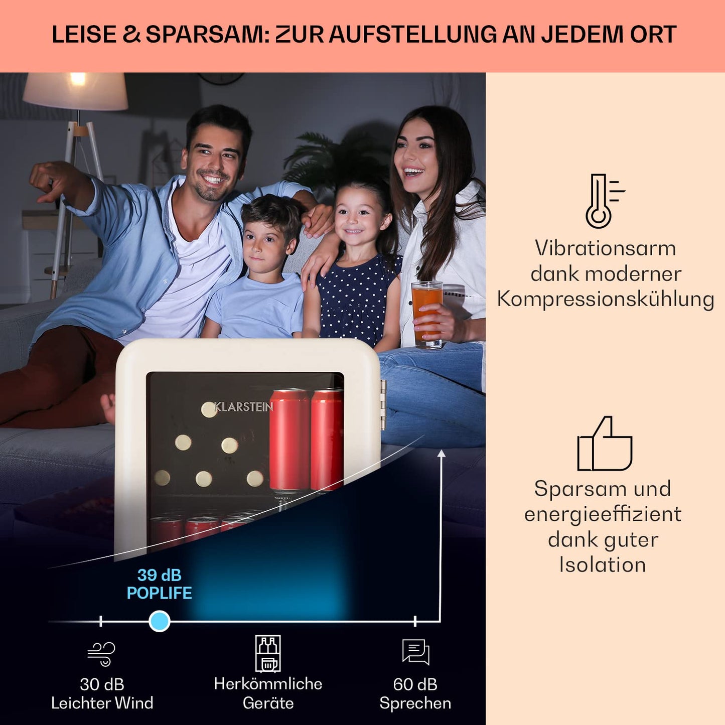 Klarstein PopLife Getränkekühler - Mini-Bar, Retrokühlschrank, 0-10°C, nur 39 dB, 115 L, umweltfreundlich, doppelt verglaste Tür, Retro-Design, rot