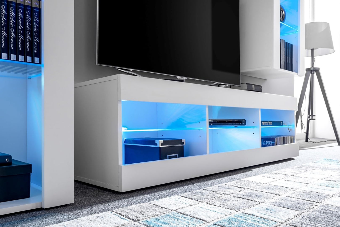 Komodee Tivoli Medio Wall Unit Living Room Set, Black/Black, Width 245 cm x Height 159 cm x Depth 35 cm, LED Blue, for Living Room, Bedroom
