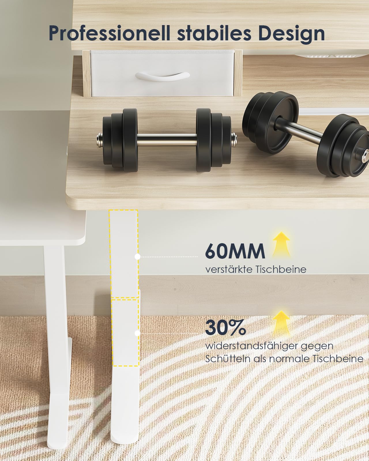 OffiGo Height Adjustable Electric Desk with Drawer and USB, 120 x 60 cm Complete Plate, Ergonomic Standing Seat Table, Computer Desk, Maple