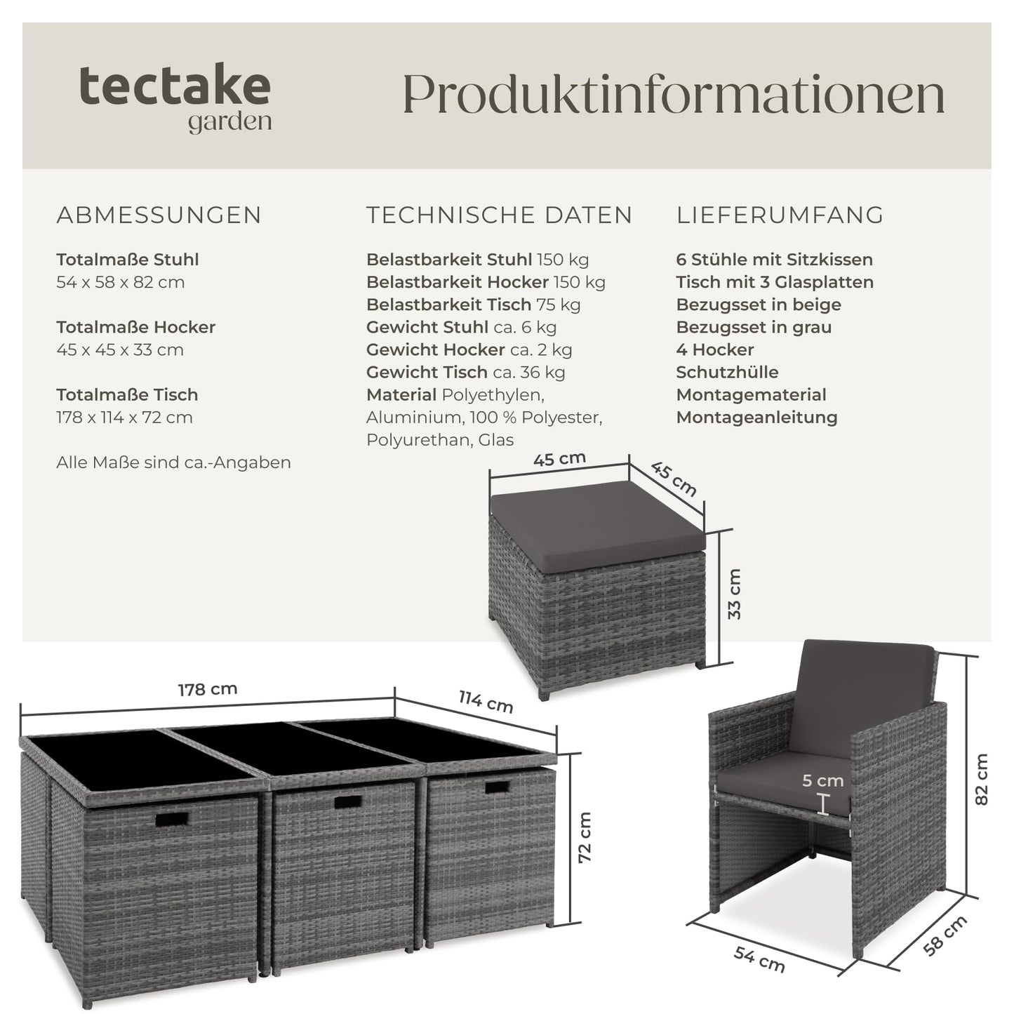 tectake Polyrattan Gartenmöbel Set, Sitzgruppe mit 6 Stühle +1 Glasplatte Tisch + 4 Hocker, Gartenlounge Set klappbar, für bis zu 10 Personen, Balkon Möbel, inkl. 2 Bezugsset - Natur
