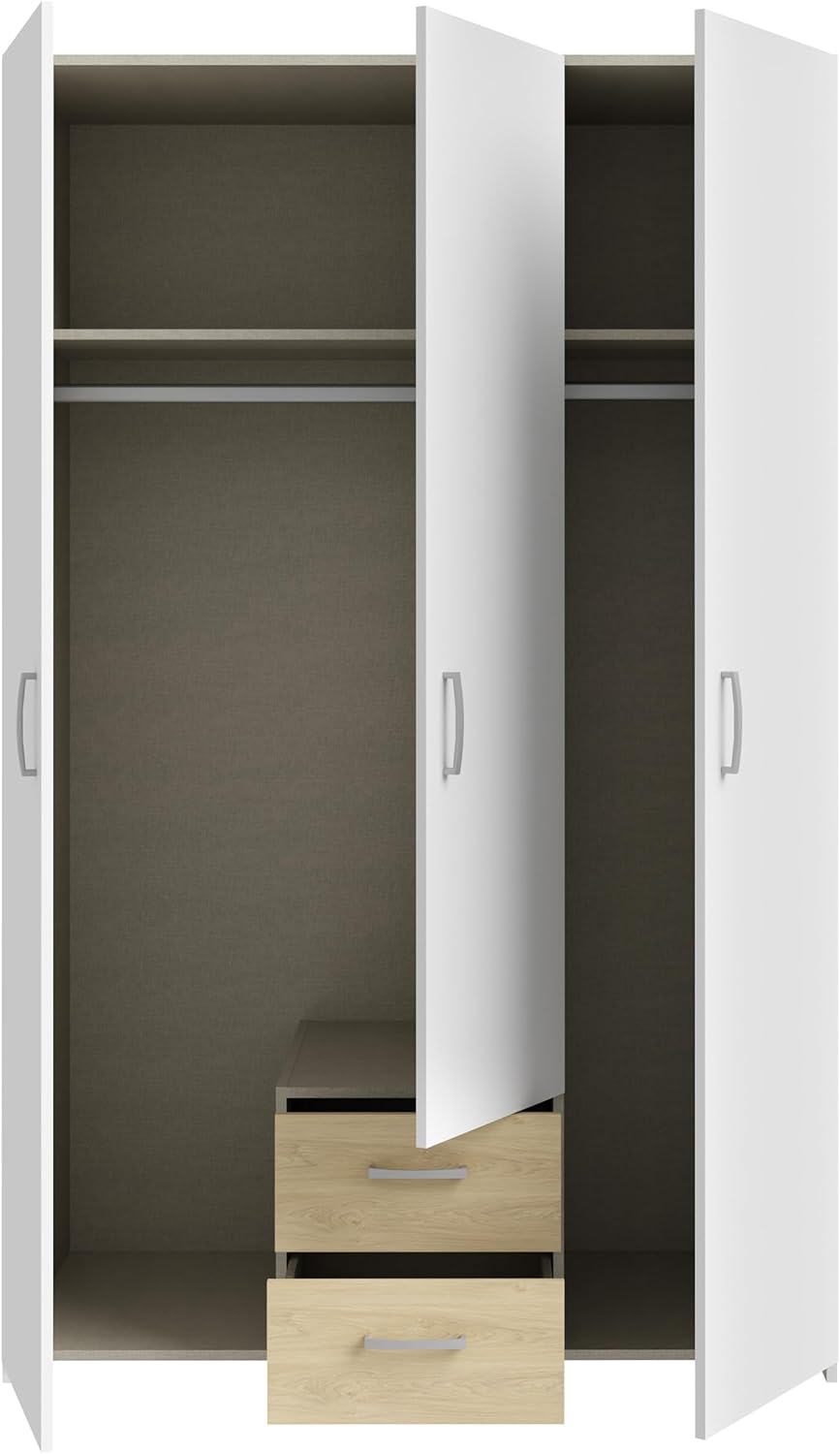 FORTE ECONOBOX Kleiderschrank 120, 3-türiger Drehtürenschrank mit 2 Schubladen und Einlegeböden, Holzwerkstoff, Weiß/Puccini Eiche, 119,4 cm breit, 190,5 cm hoch, 54,4 cm tief