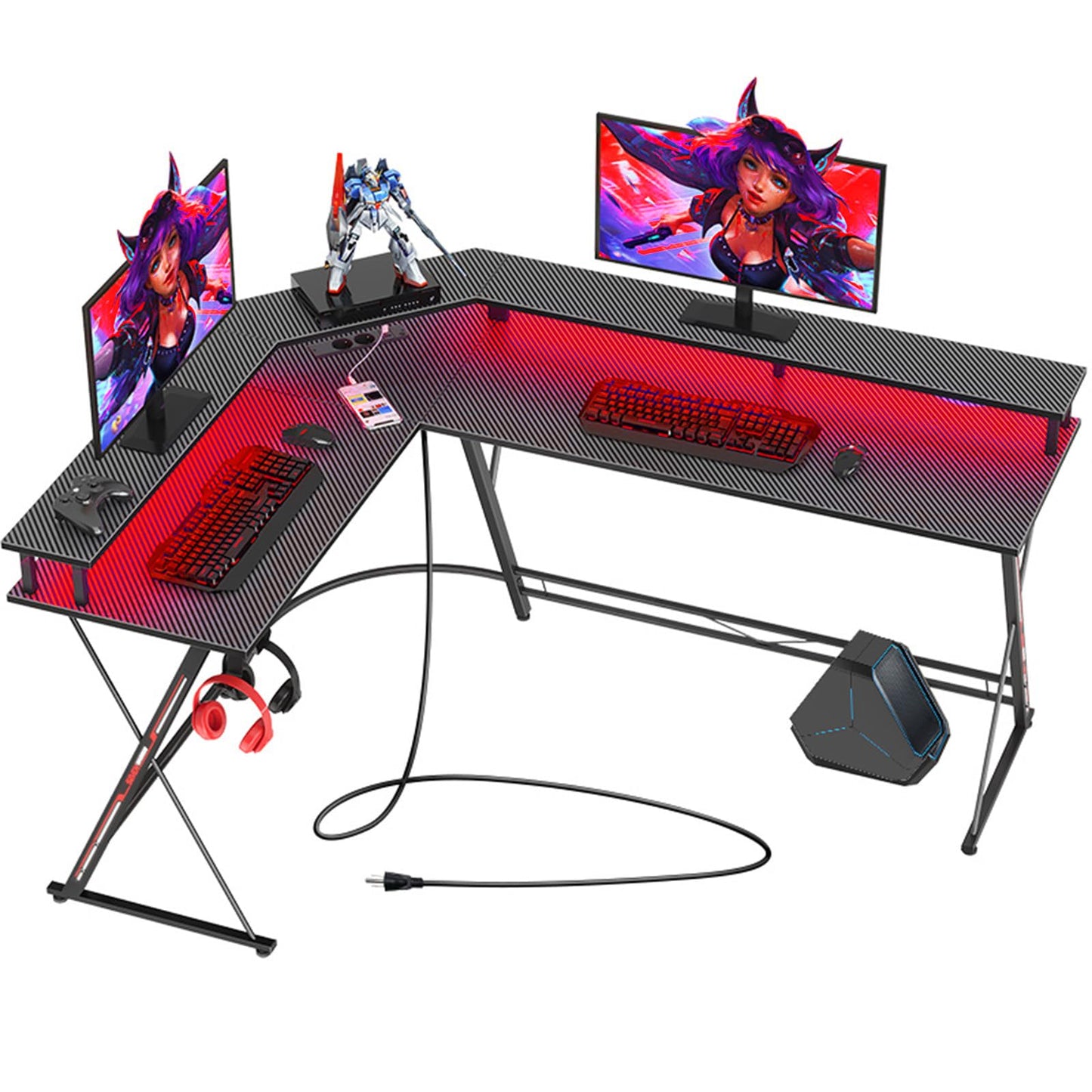 SEVEN WARRIOR Gaming Table L Shape, Gaming Desk with Socket, LED, Monitor Stand & 2 Hooks, Corner Desk with Carbon Fibre Surface, PC Computer Desk for Bedroom (127 x 127 cm)